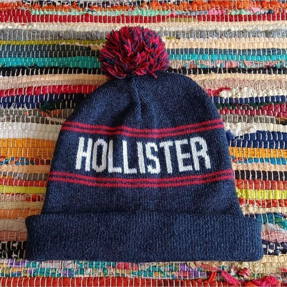 EUC HOLLISTER Blue/Gray BRAND Knit Hat with Red/Blue PomPom - Picture 1 of 8